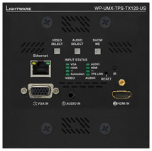 LIGHTWARE WP-UMX-TPS-TX120-US Black: HDMI1.4, VGA + Ethernet + RS-232 + bidirectional IR HDBaseT wallplate transmitter for CATx cable. HDCP, 3D and 4K / UHD  ( 30Hz RGB 4:4:4 , 60Hz YCbCr 4:2:0)  support. 170m extension distance. US 2-gang wall box size.